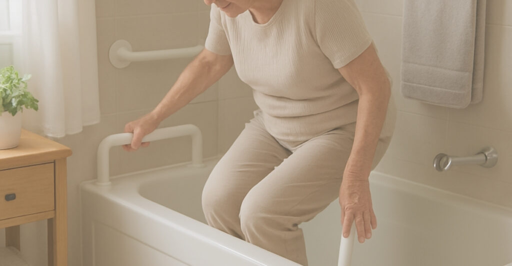 senior getting out of a tub